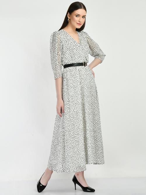 white printed puff sleeves fit & flare maxi dress - 19988482 - Standard Image - 0