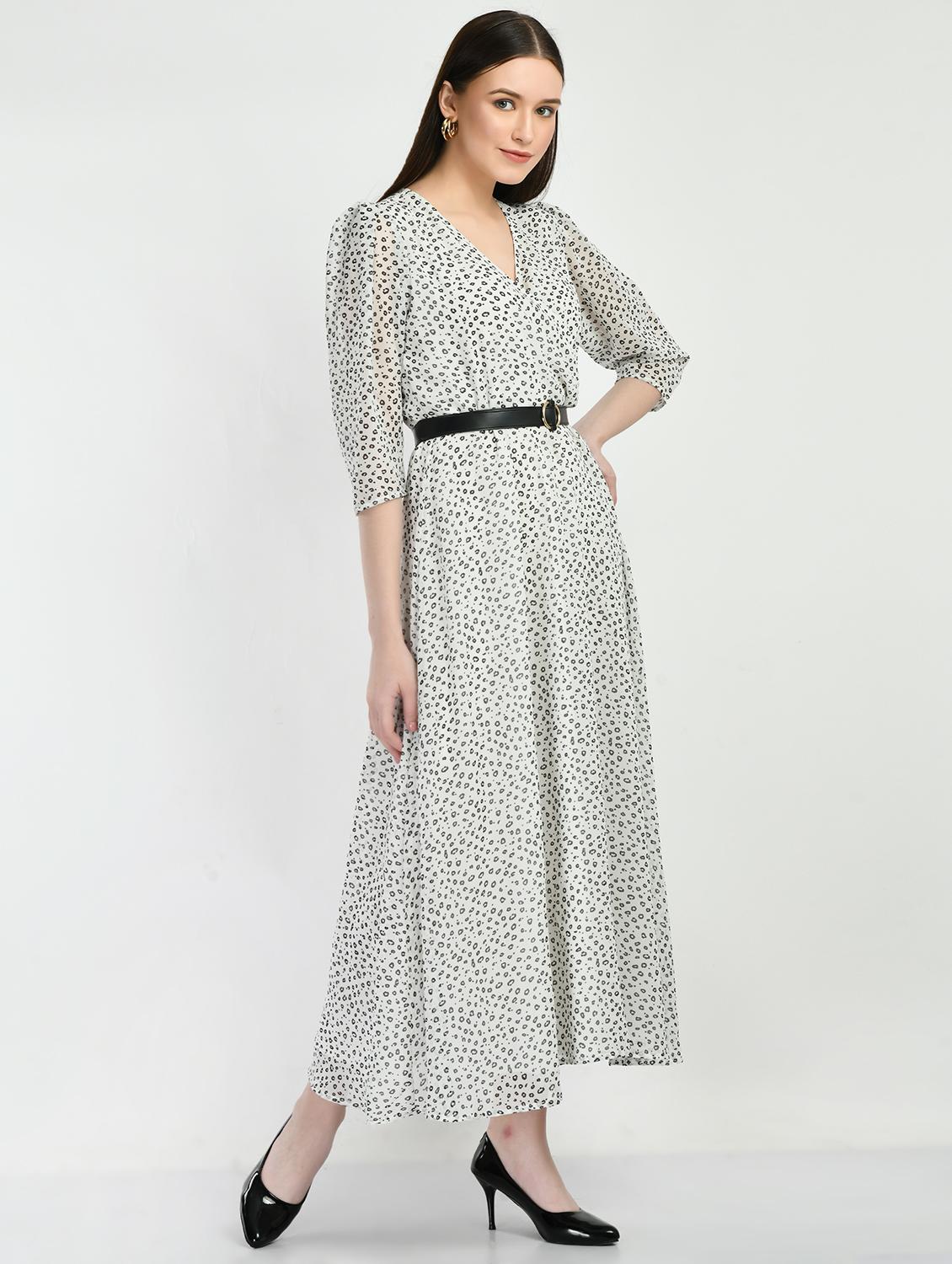 white printed puff sleeves fit & flare maxi dress - 19988482 - Zoom Image - 0