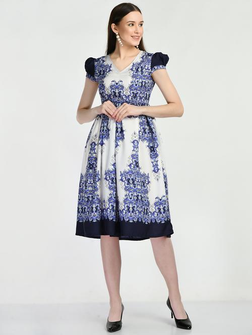 v-neck printed fit & flare dress - 19988491 - Standard Image - 0