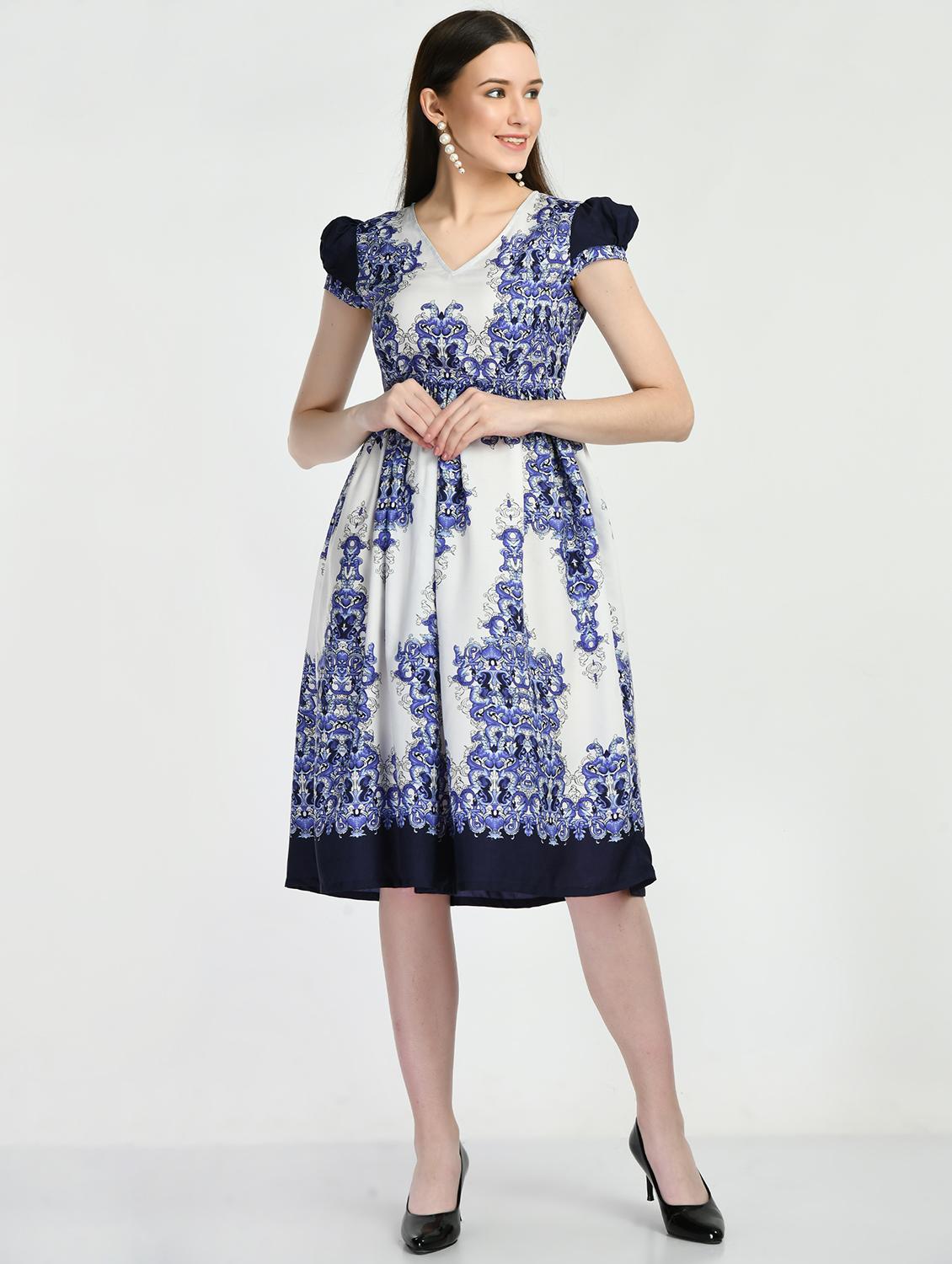 v-neck printed fit & flare dress - 19988491 - Zoom Image - 0
