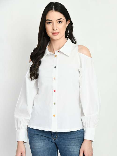 white cold shoulder solid shirt - 19988496 - Standard Image - 0