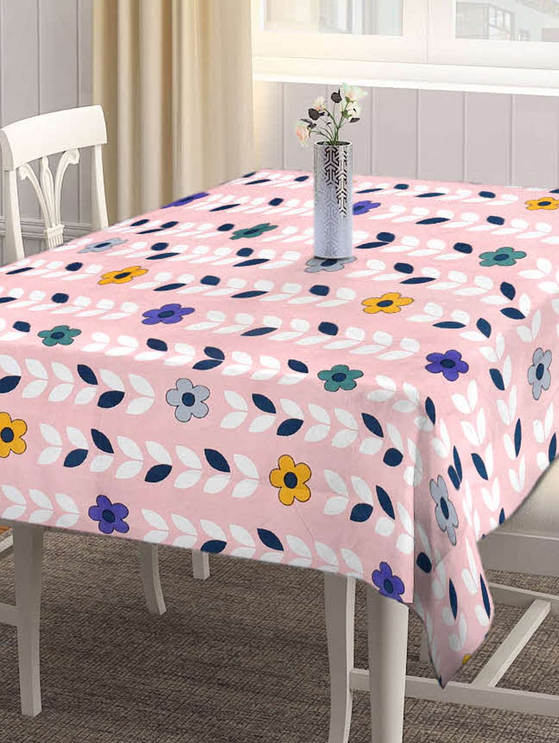 fabinaliv pink floral 300 tc cotton blend 6 seater table cover (72x52 inches)