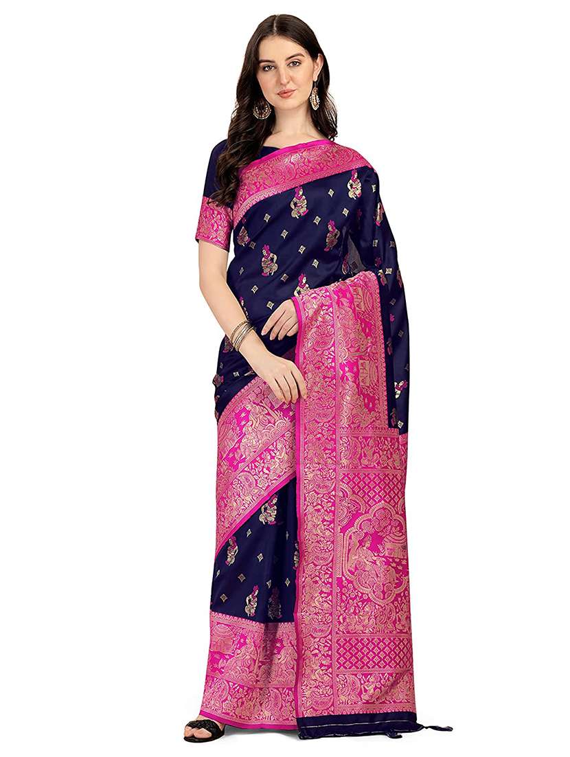 women's self design navy blue colored saree with blouse