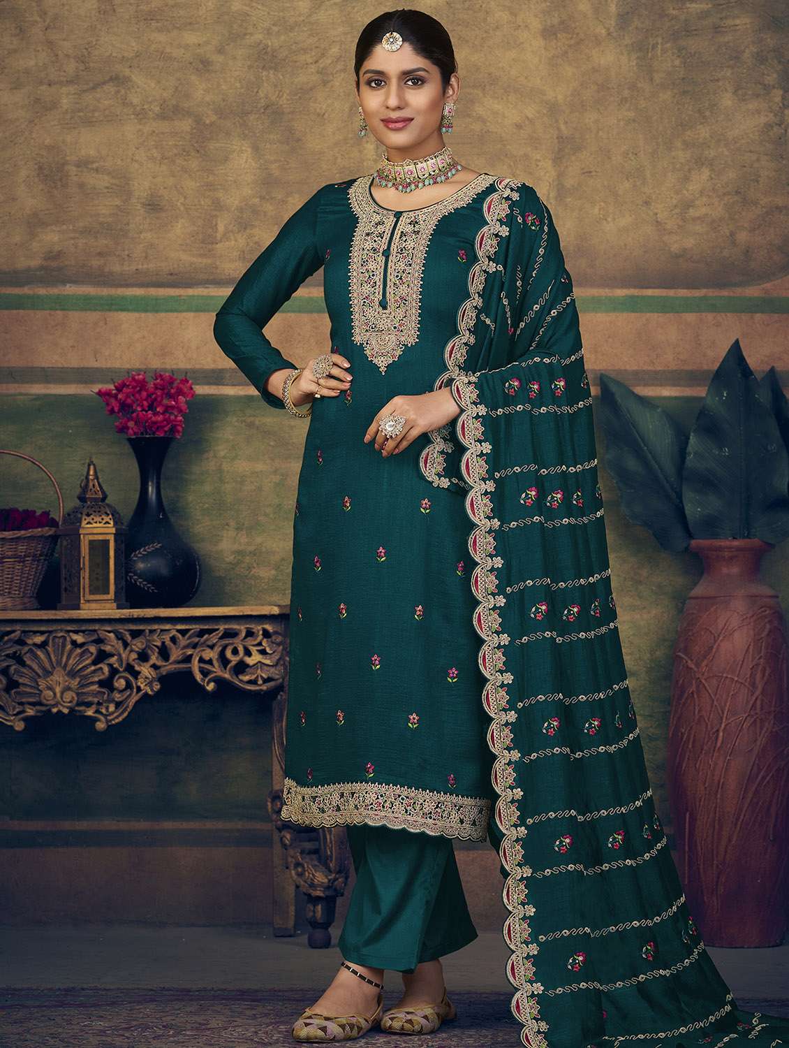 green floral embroidered unstitched suit set