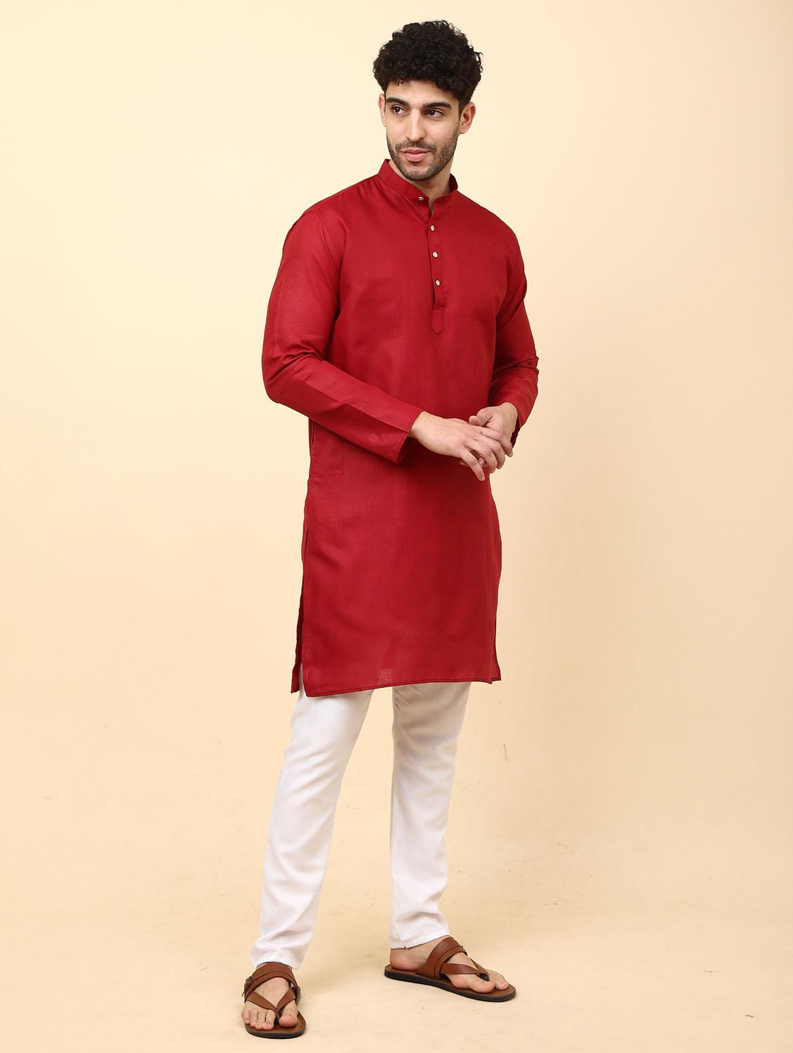 maroon solid mandarin neck kurta pyjama set - 19992330 - Standard Image - 2