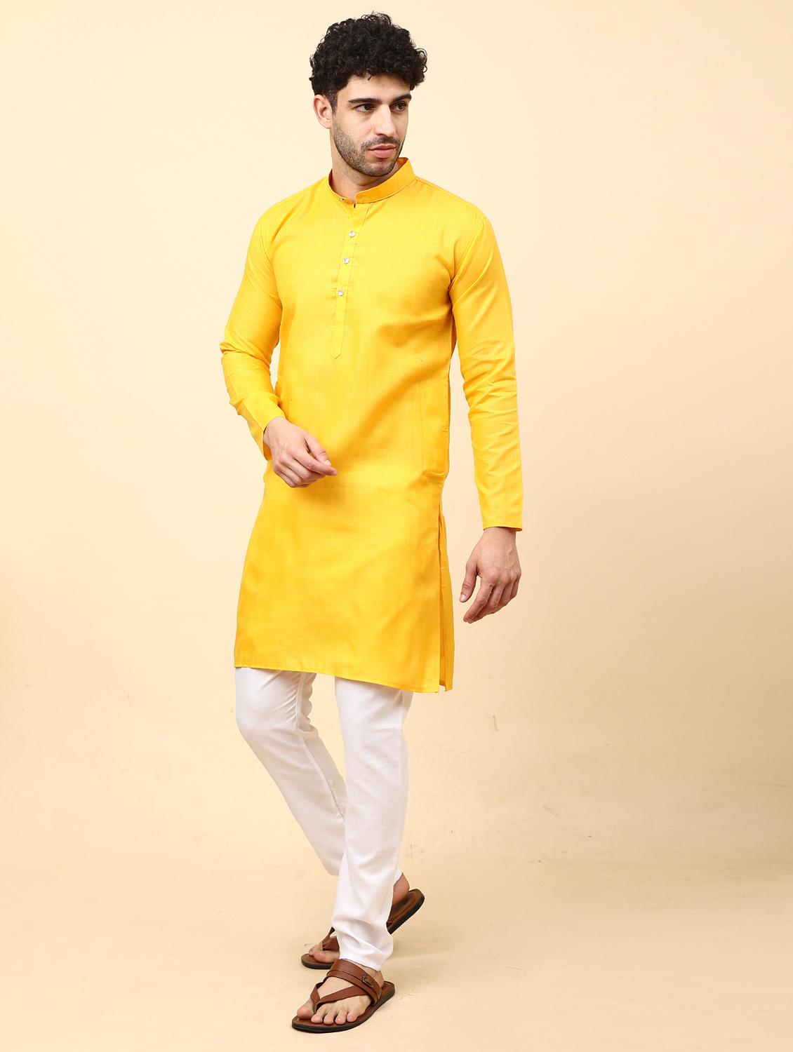 yellow solid mandarin neck kurta pyjama set - 19992332 - Standard Image - 2