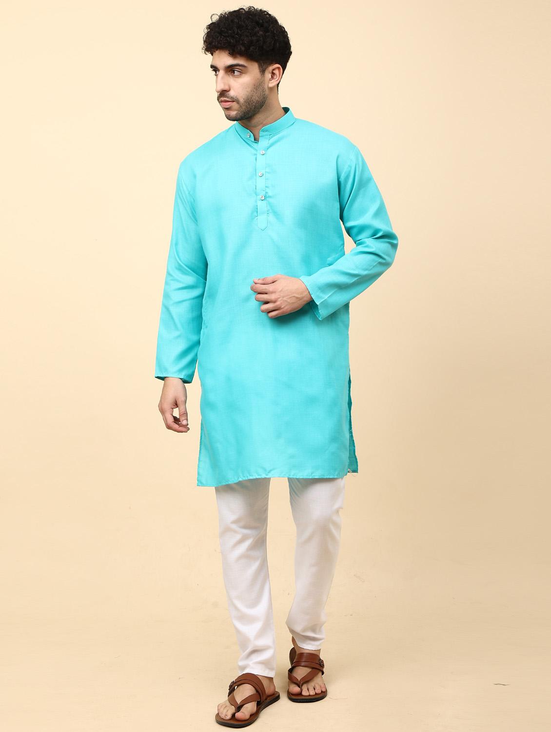 turquoise solid mandarin neck kurta pyjama set - 19992334 - Standard Image - 2