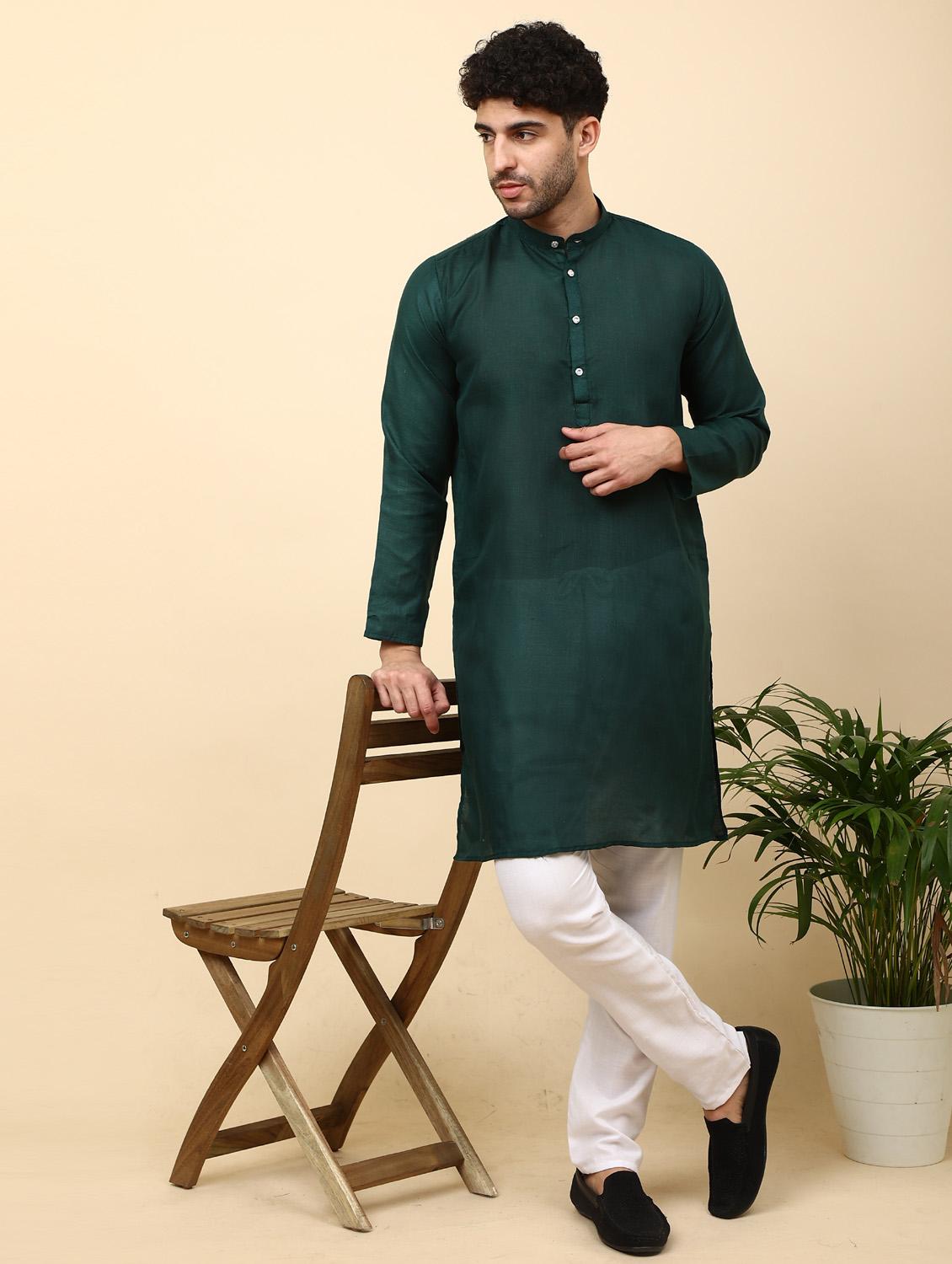 dark green solid mandarin neck kurta pyjama set - 19992341 - Standard Image - 2