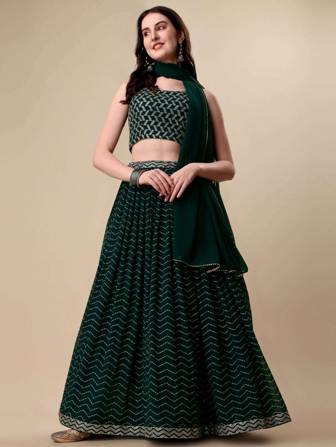 green sequined work flared lehenga - 19992355 -  Standard Image - 2
