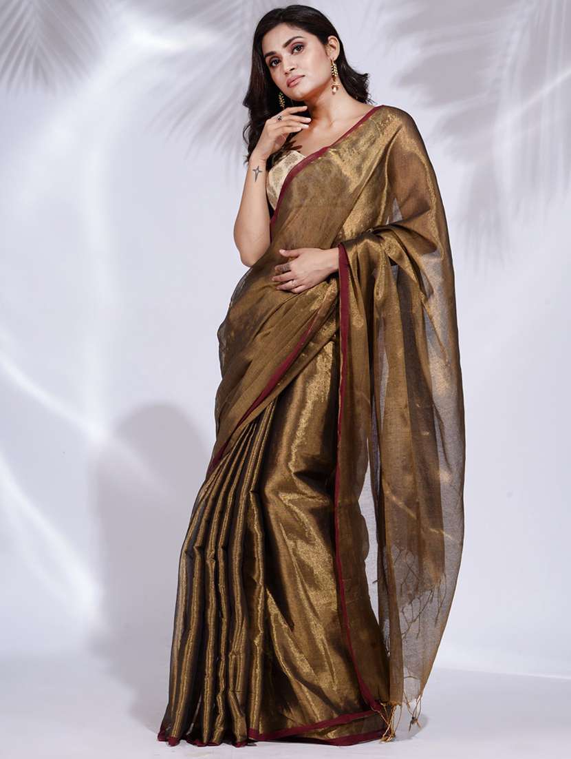 brown self design woven saree with blouse