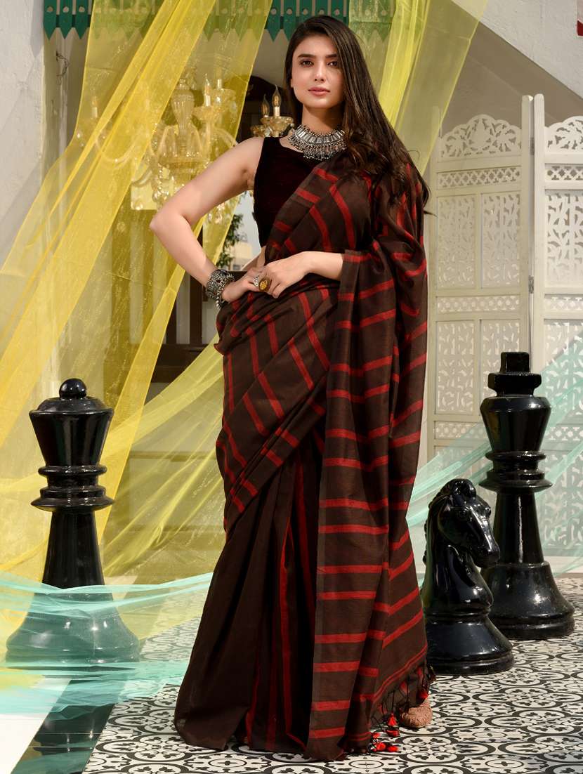 women's stripes brown colored saree with blouse