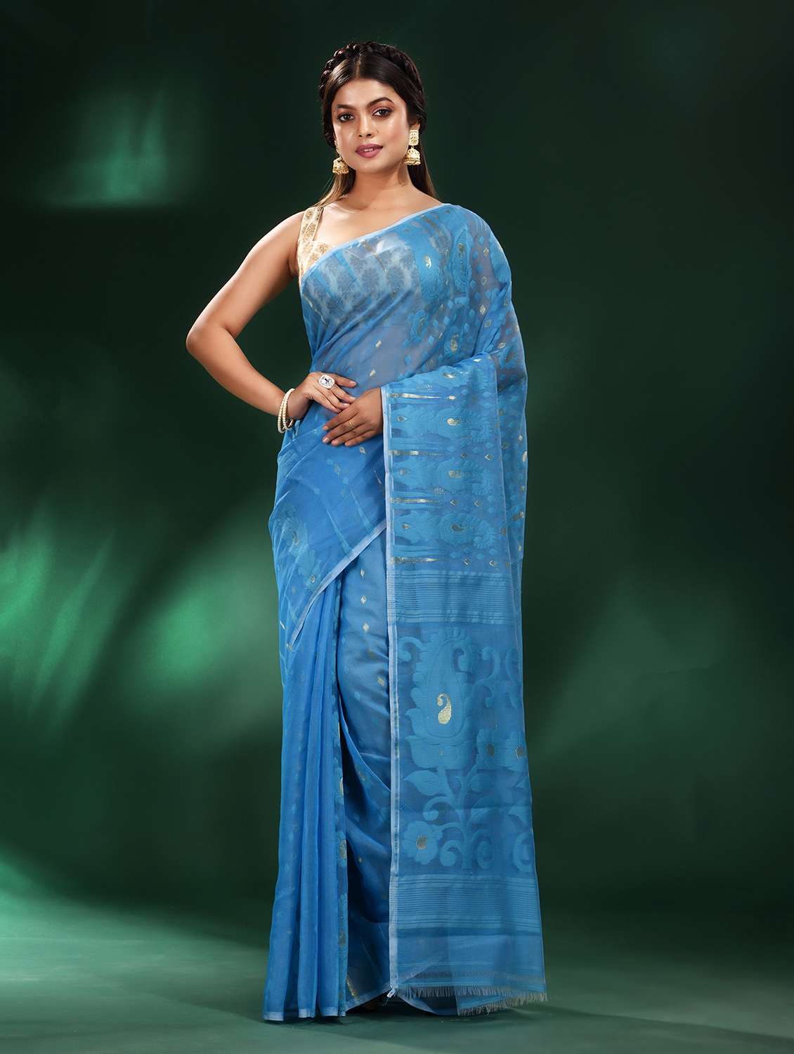 women's self design blue colored saree with blouse