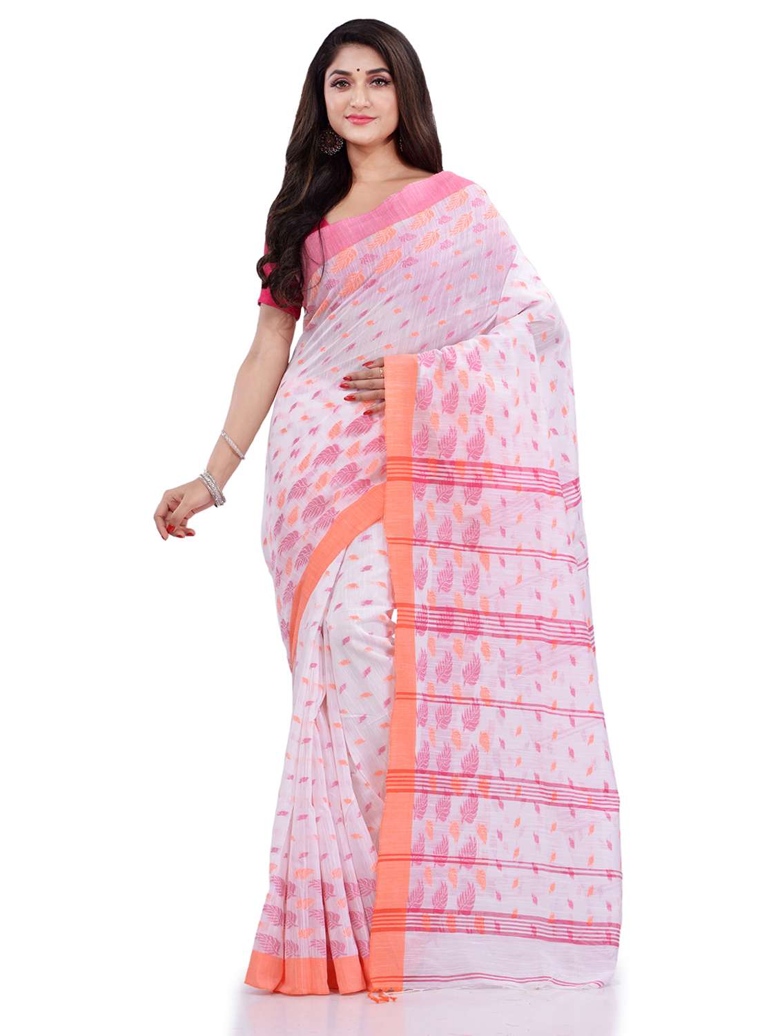 women's self design white colored saree with blouse