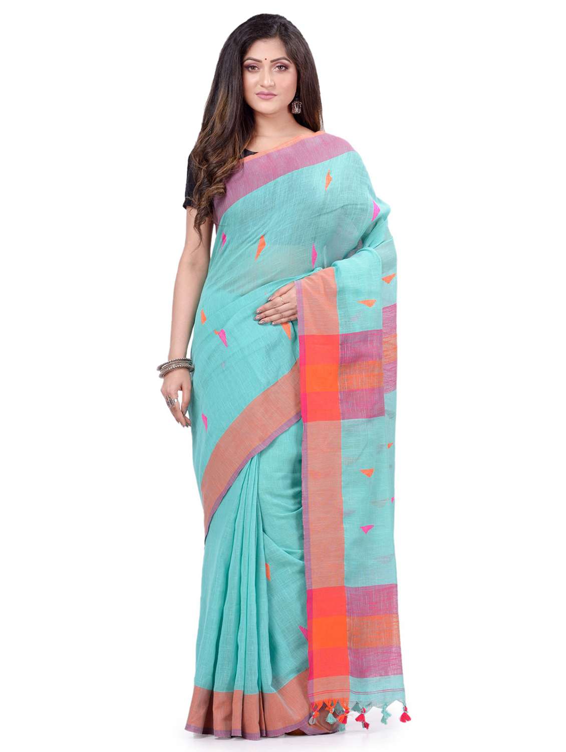 women's self design light blue colored saree with blouse