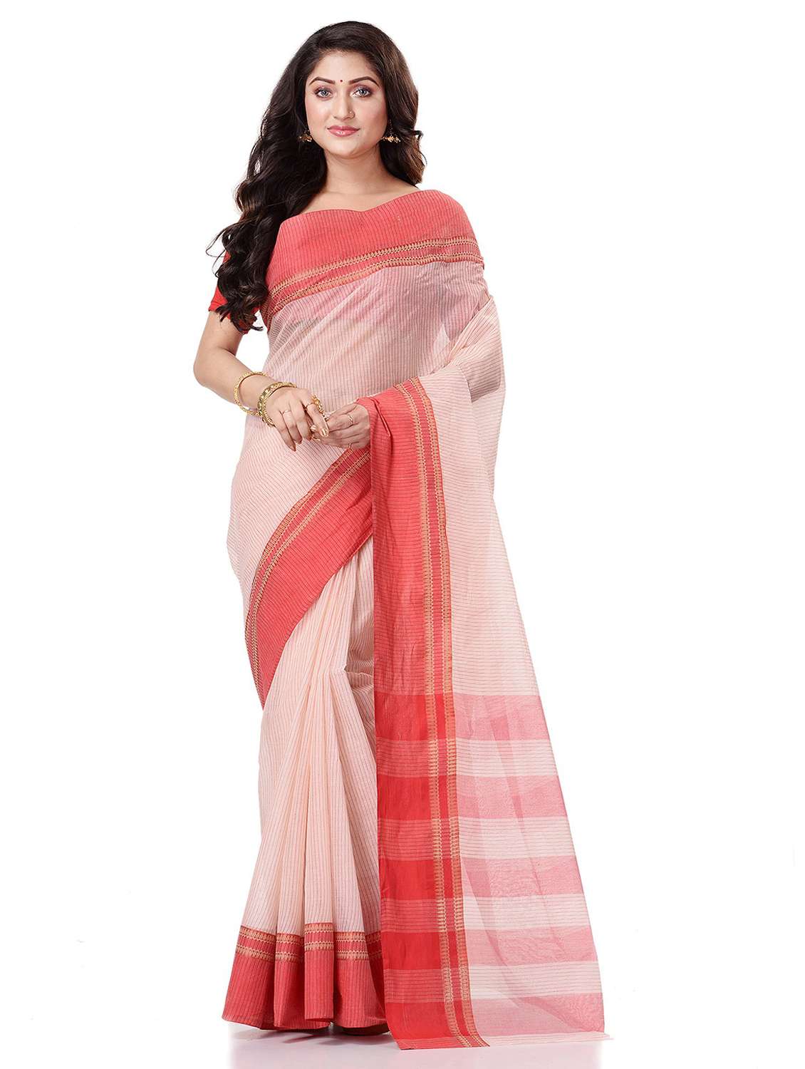 women's stripes red colored saree