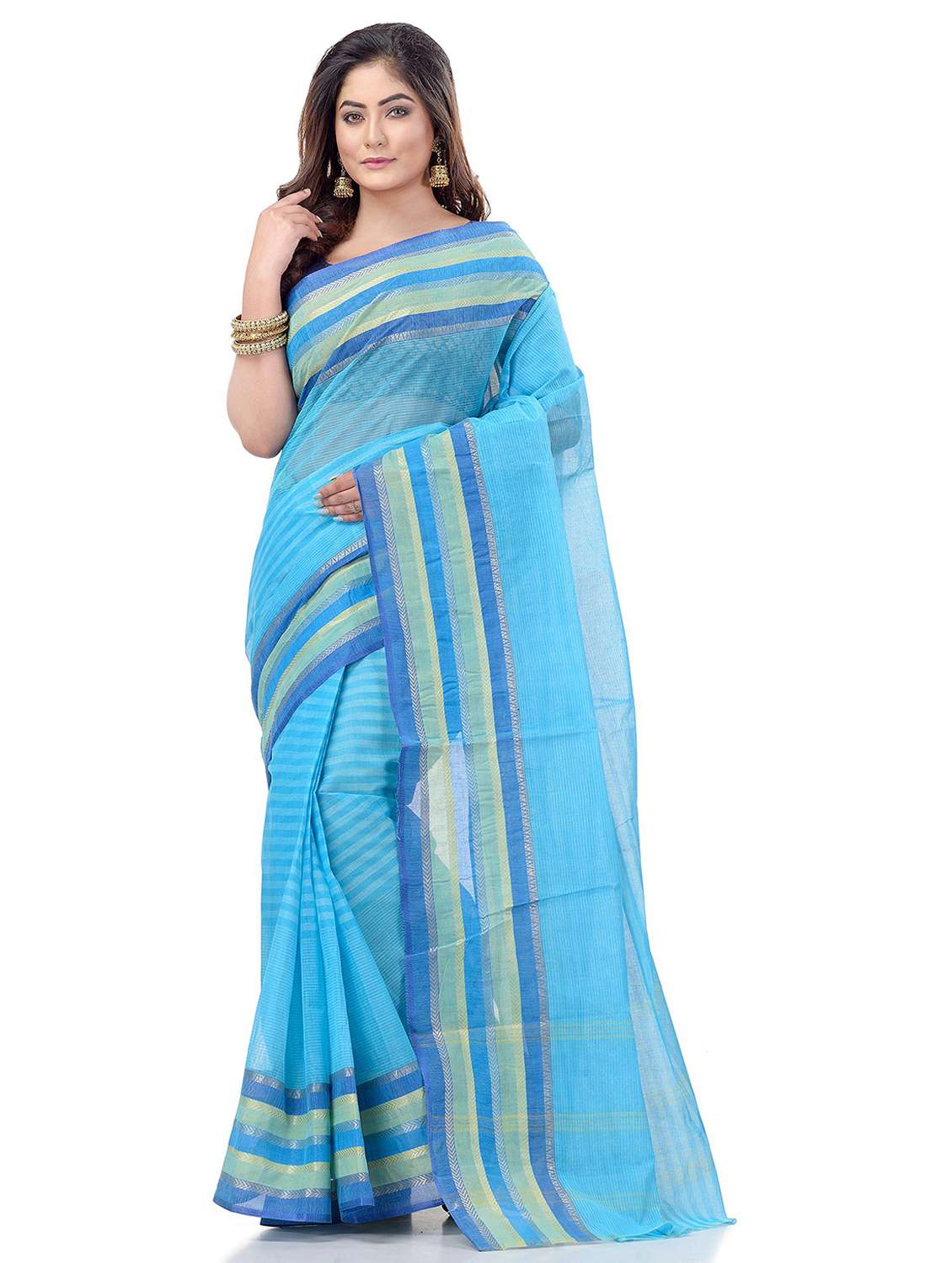 women's stripes light blue colored saree