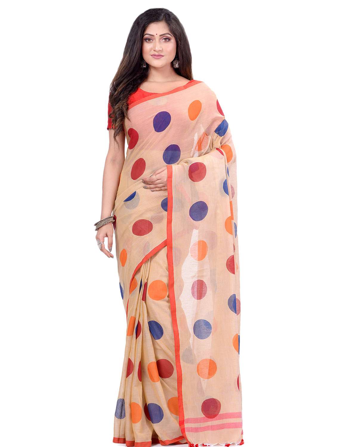 women's polka dots red colored saree