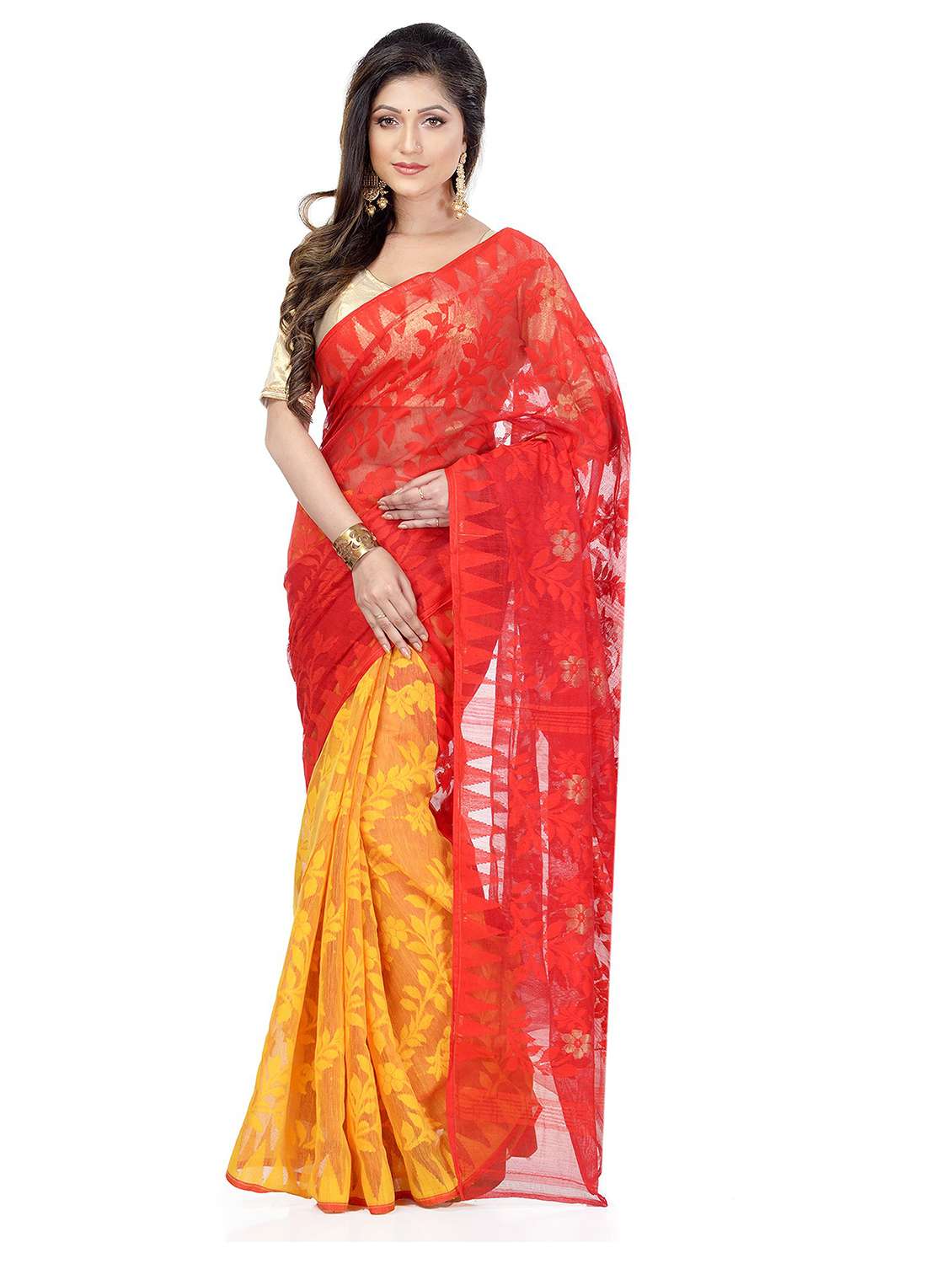 women's floral red colored saree