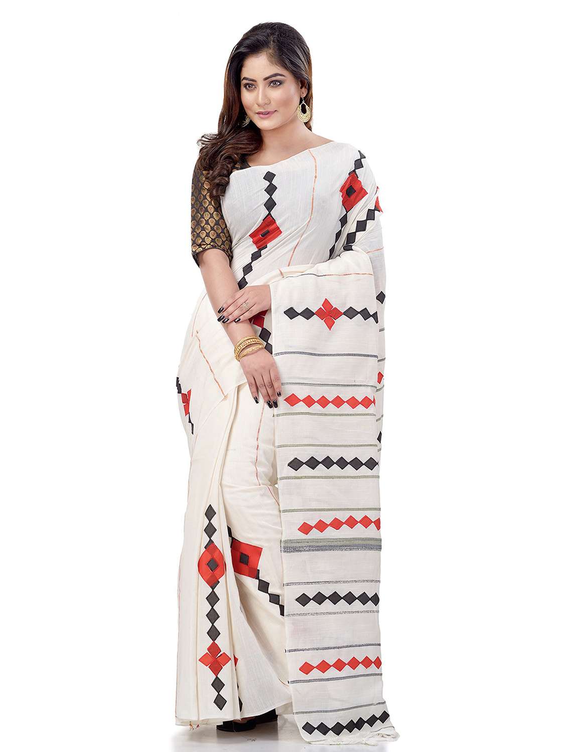 women's self design white colored saree with blouse