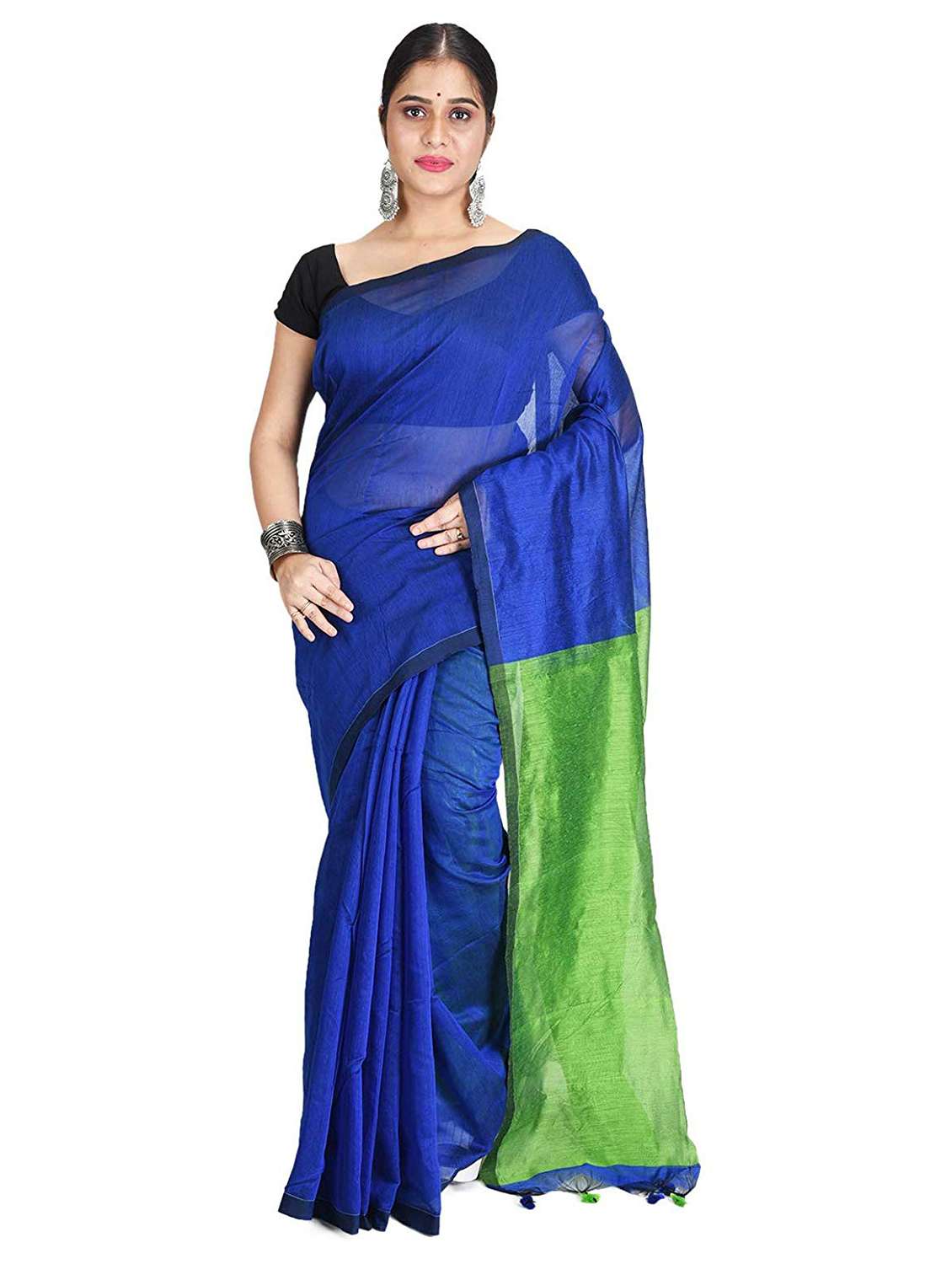women's solid navy blue colored saree with blouse