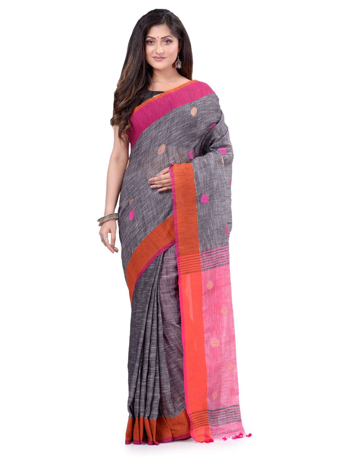 women's self design grey colored saree with blouse