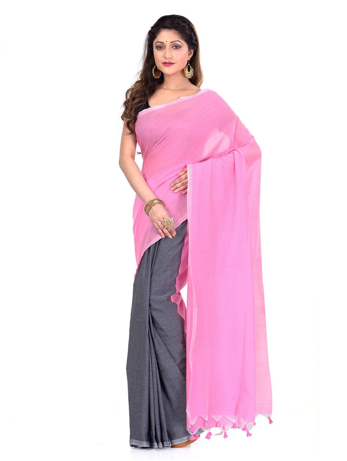 women's solid pink colored saree with blouse