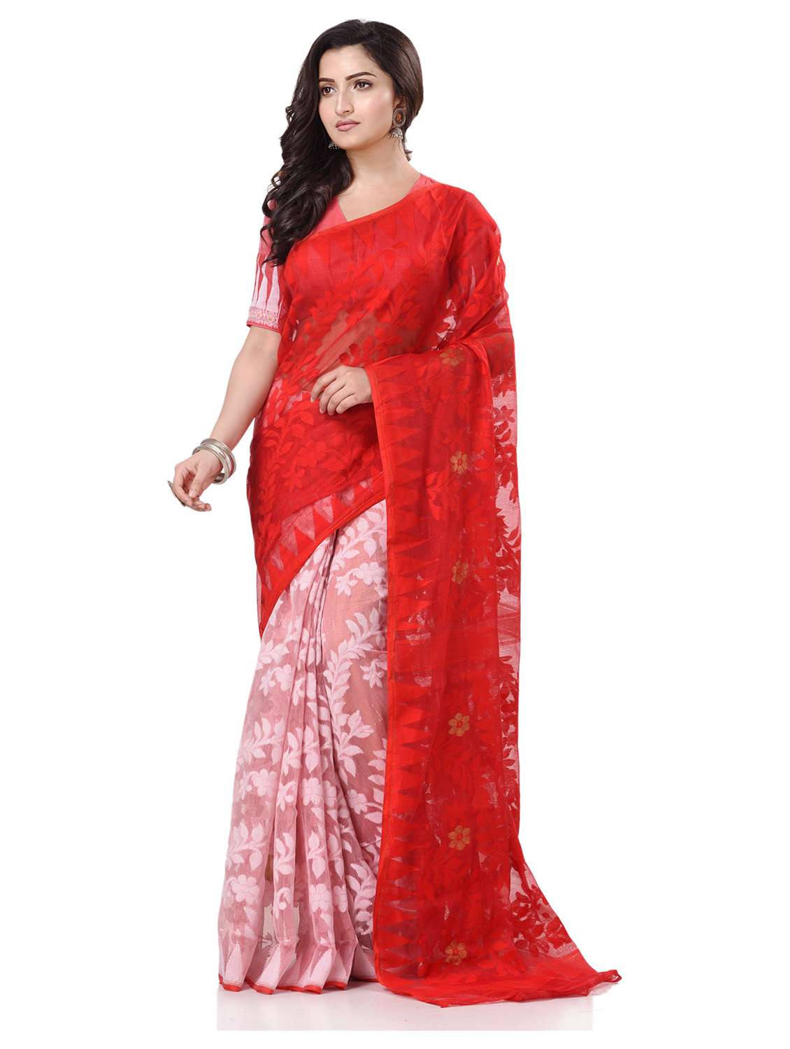 women's printed red colored saree with blouse