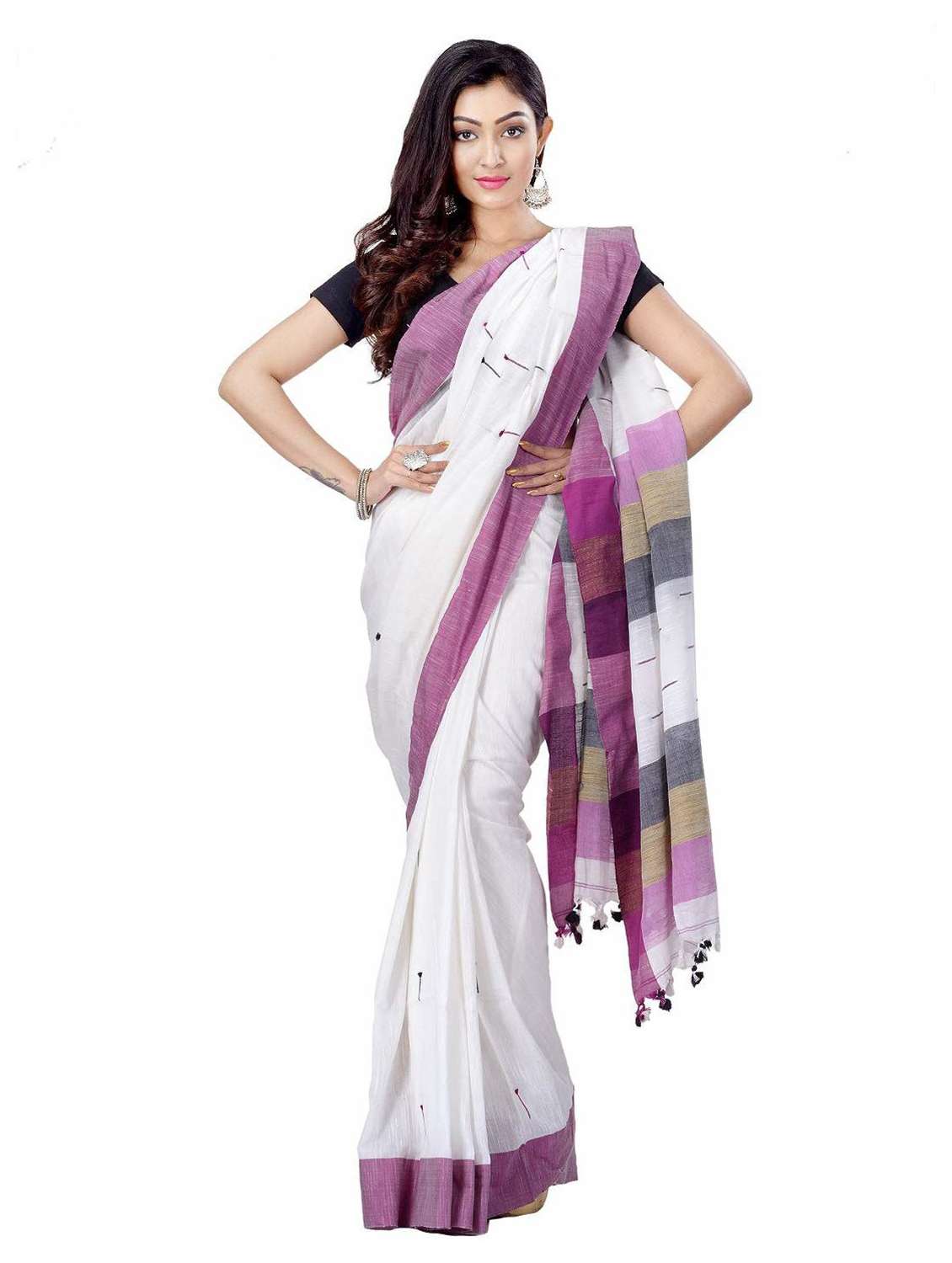 women's self design white colored saree with blouse