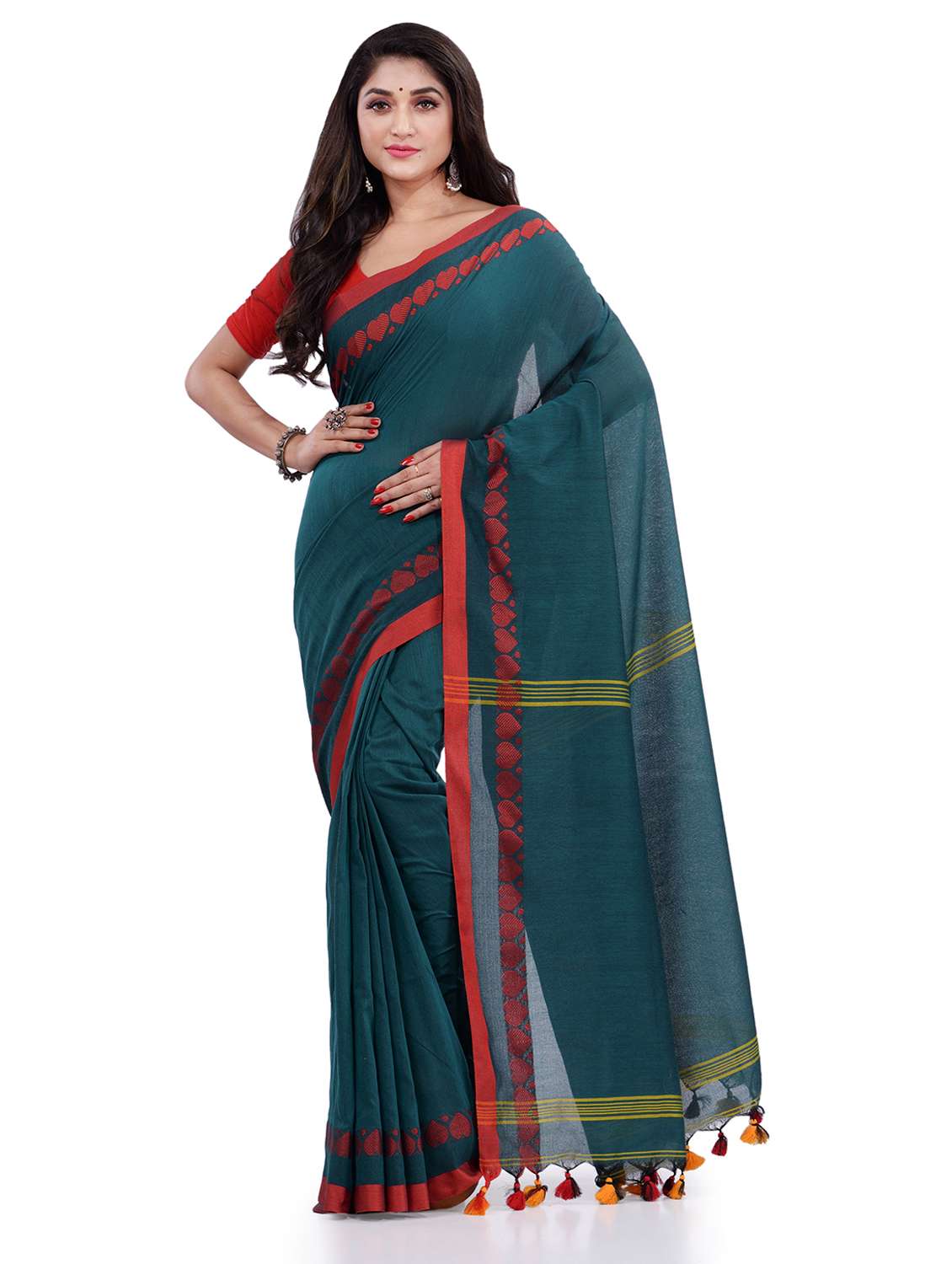 women's checks dark green colored saree with blouse