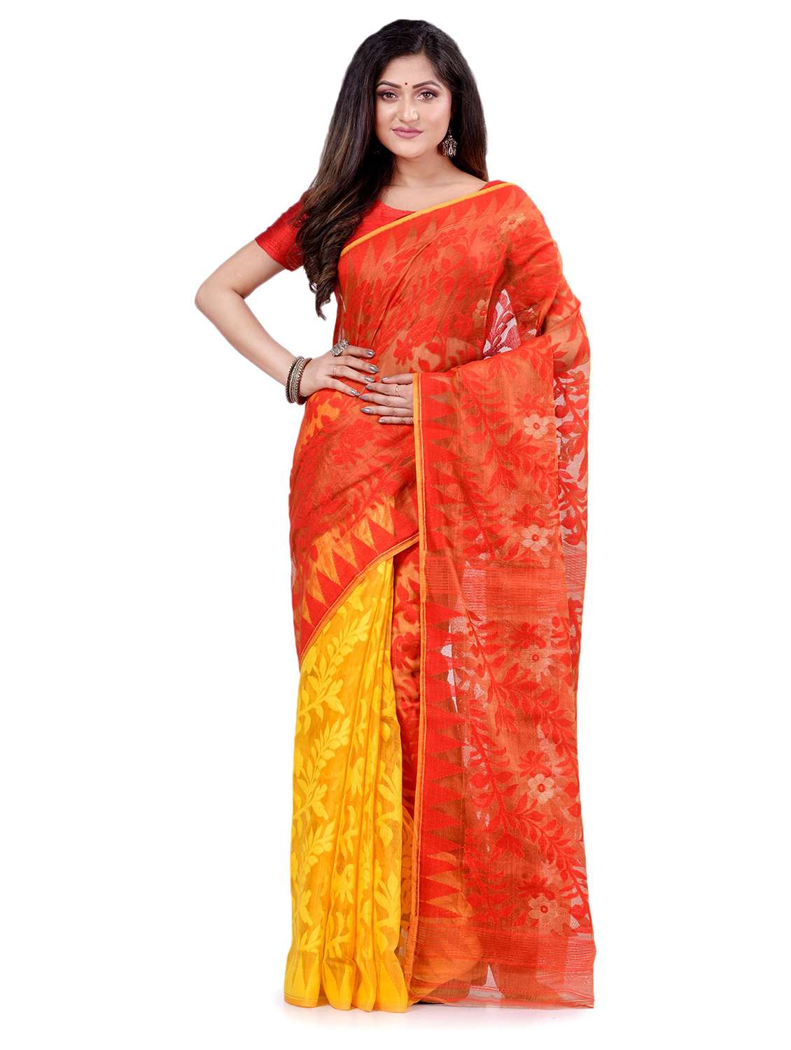 women's self design red colored saree