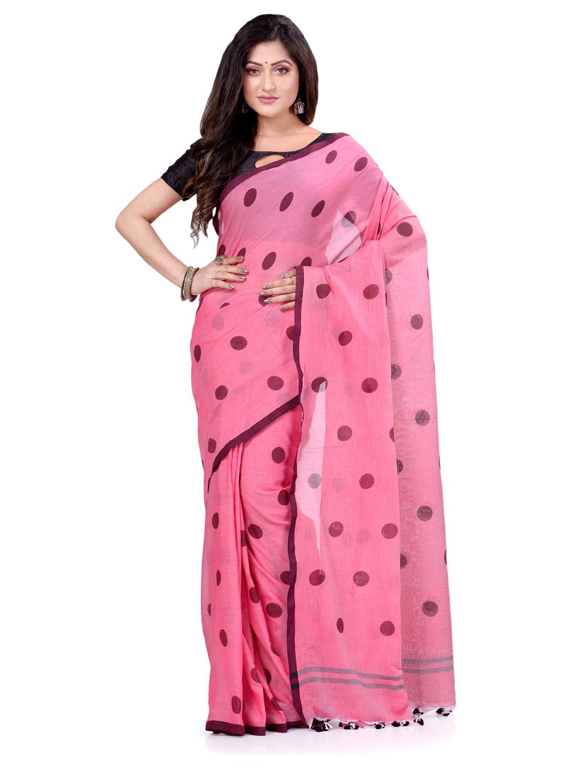 women's polka dots pink colored saree