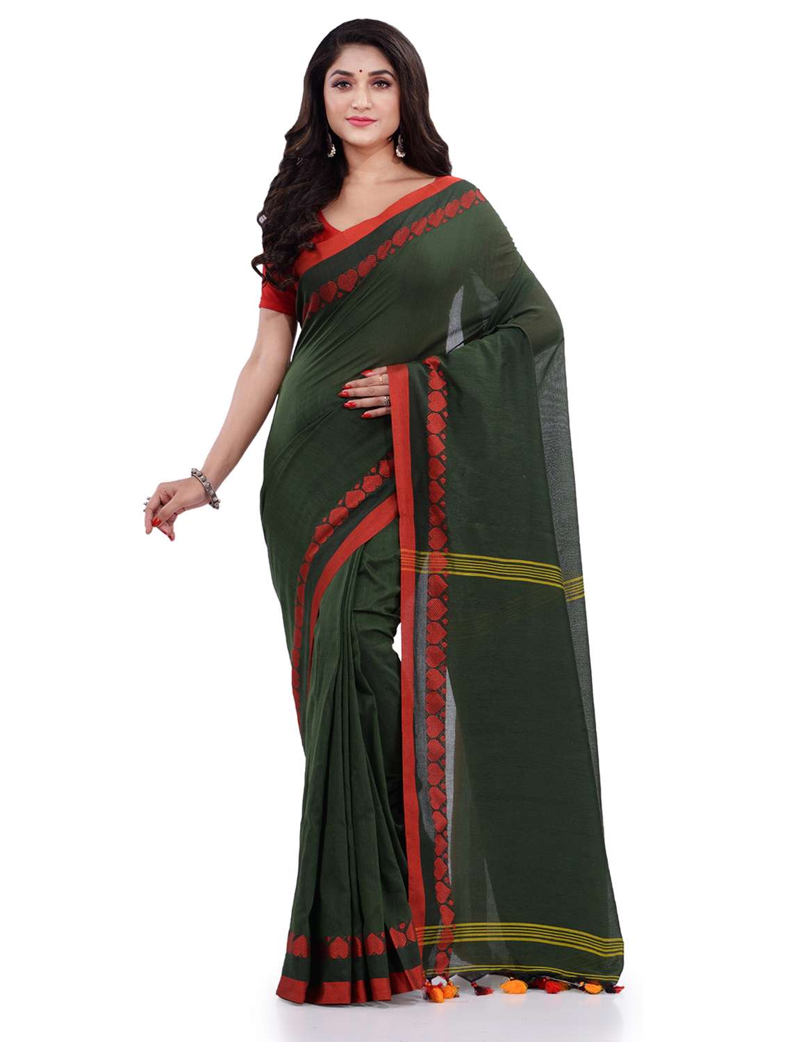 women's printed dark green colored saree with blouse