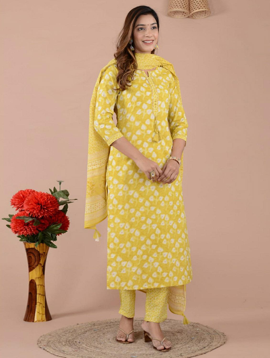 yellow printed three quarter sleeve kurta pant set with dupatta - 19995592 - Standard Image - 2