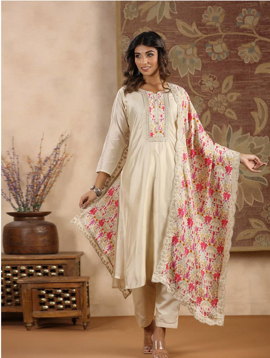 beige printed three quarter sleeve suit set set - 19995599 - Standard Image - 2