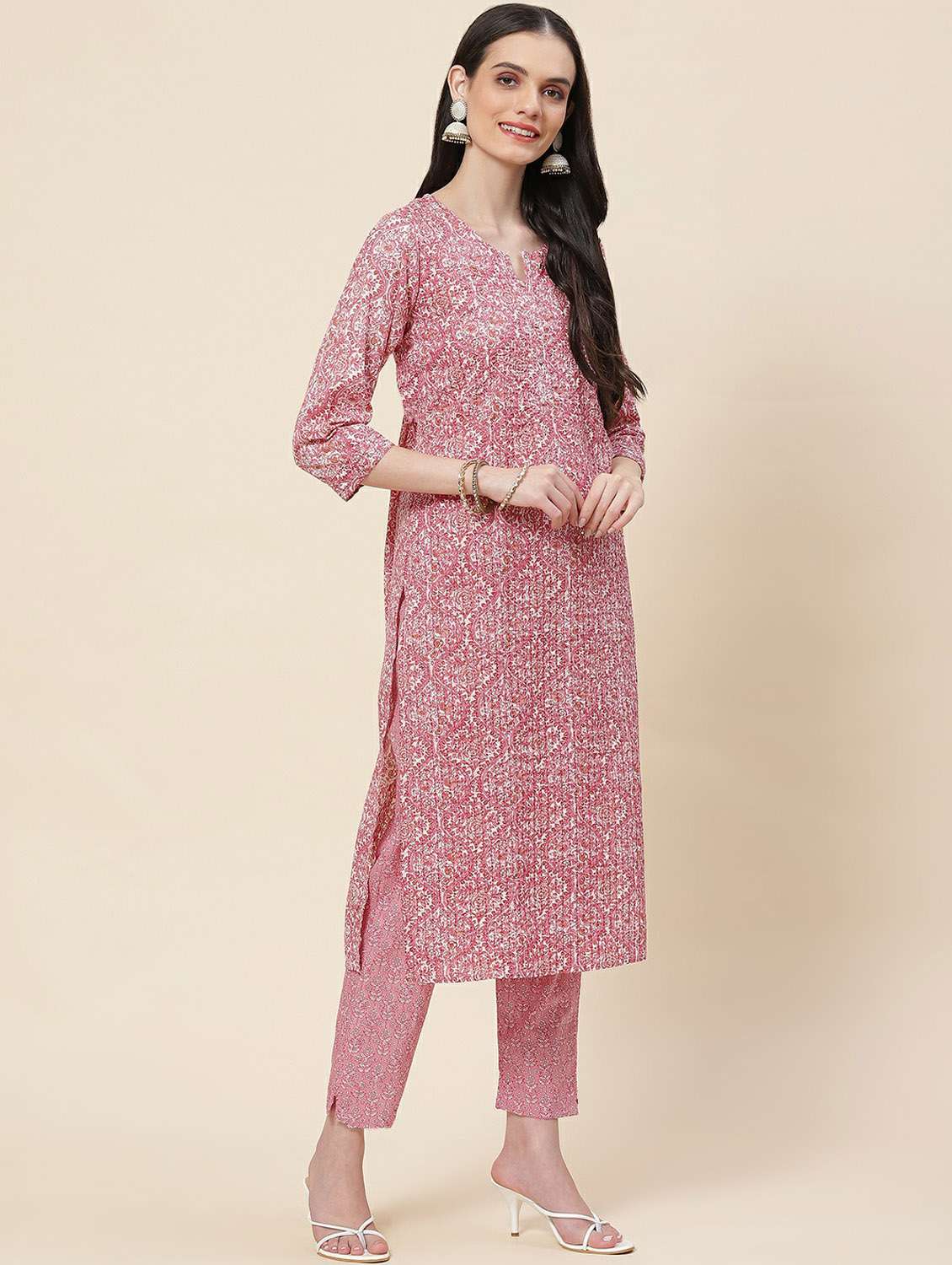 pink printed three quarter sleeve kurta pant set - 19995603 - Standard Image - 2