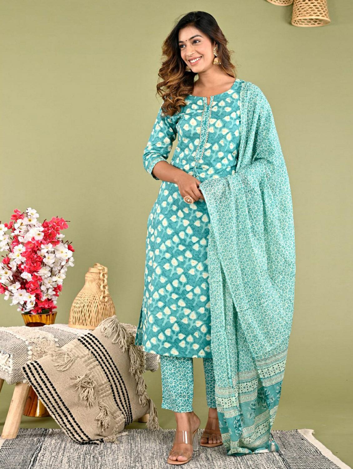 blue printed three quarter sleeve suit set set - 19995614 - Standard Image - 2