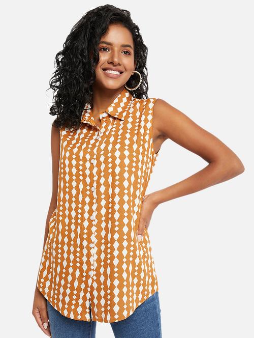 orange printed shirt collar sleeveless regular shirt - 19996248 - Standard Image - 0