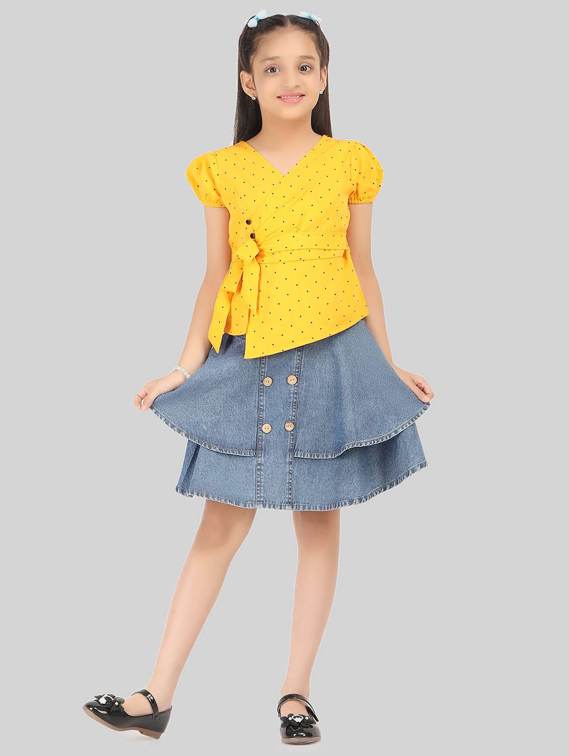 multi colored polka dot printed skirt top sets