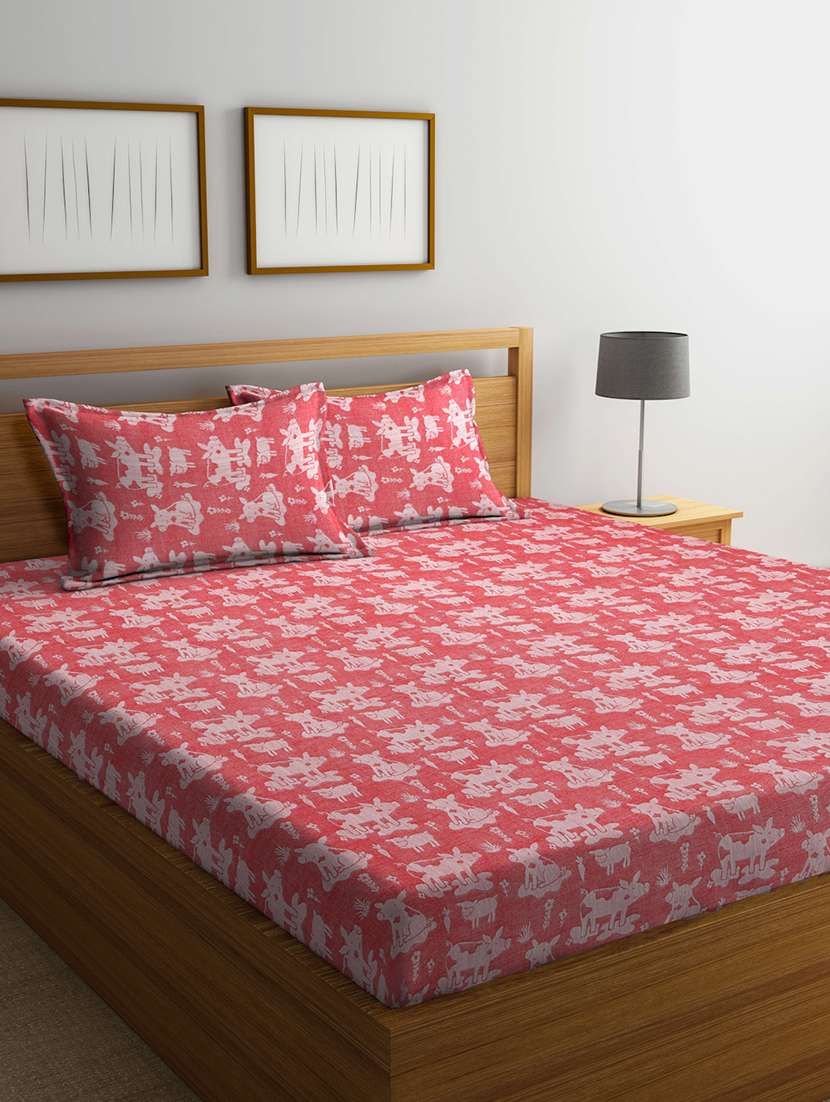 fabinaliv red cartoon design 100% cotton handwoven king size double bedsheet with 2 pillow covers