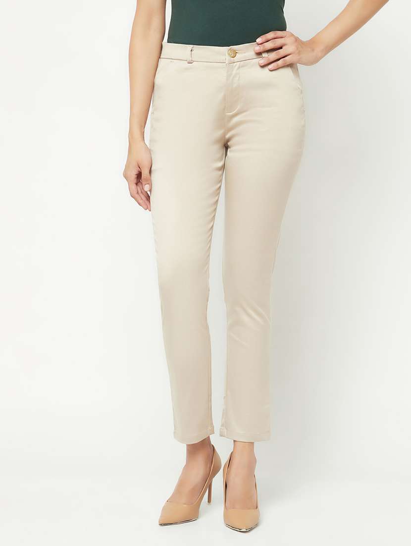beige solid flat front ankle length trousers 