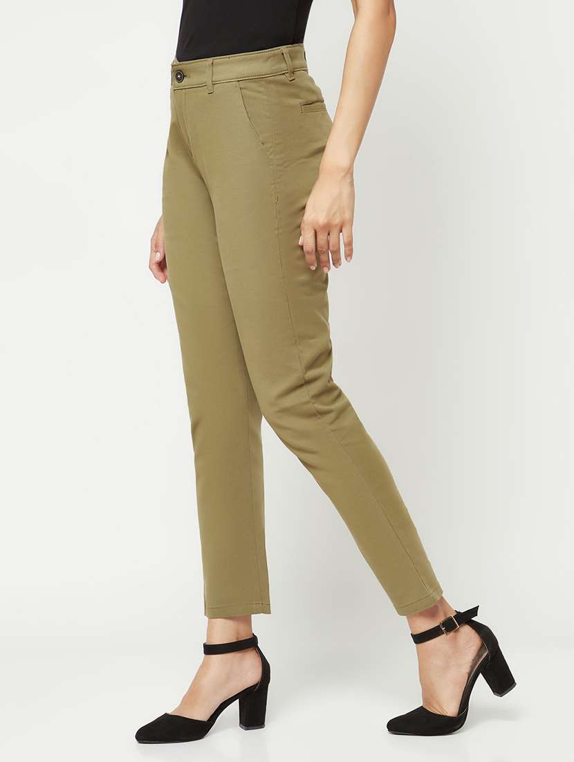 olive solid flat front ankle length trousers  - 19997140 -  Standard Image - 2