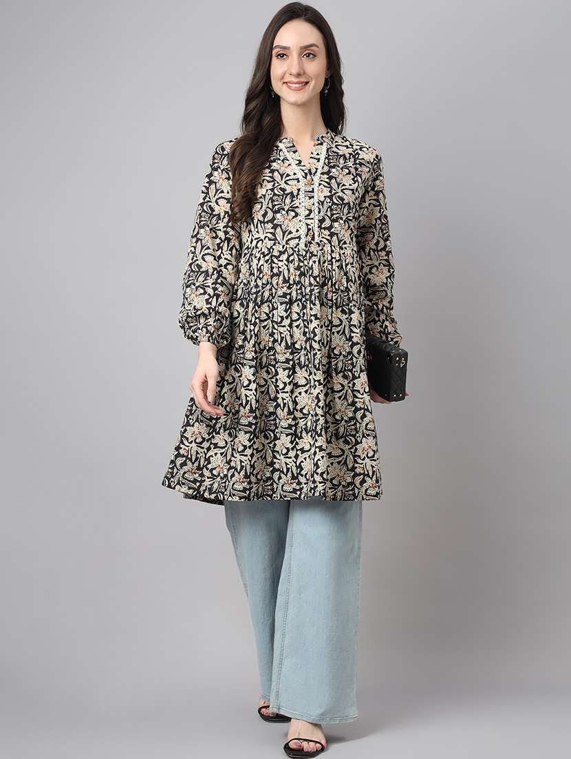 black floral print mandarin neck a-line tunic