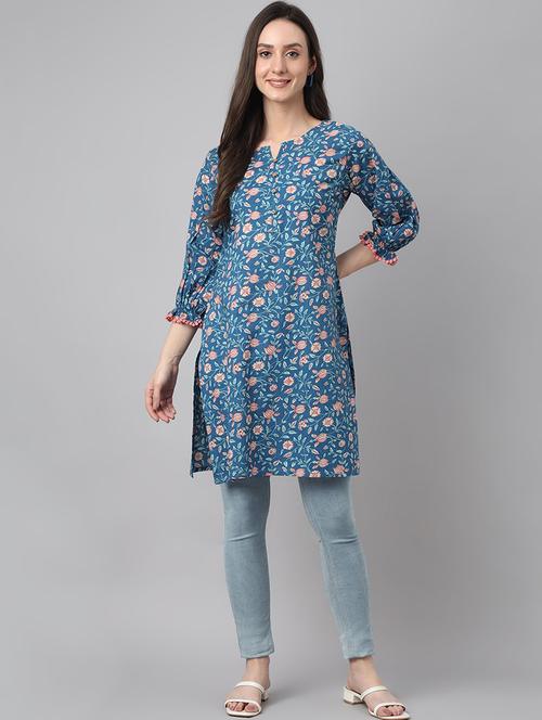 women blue floral print notch neck kurta - 19999310 -  Standard Image - 0