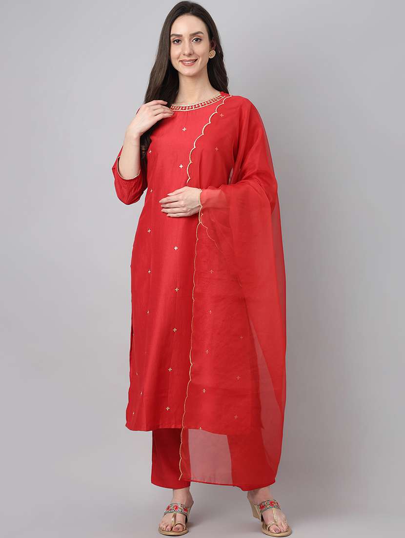 red solid kurta pant set with dupatta