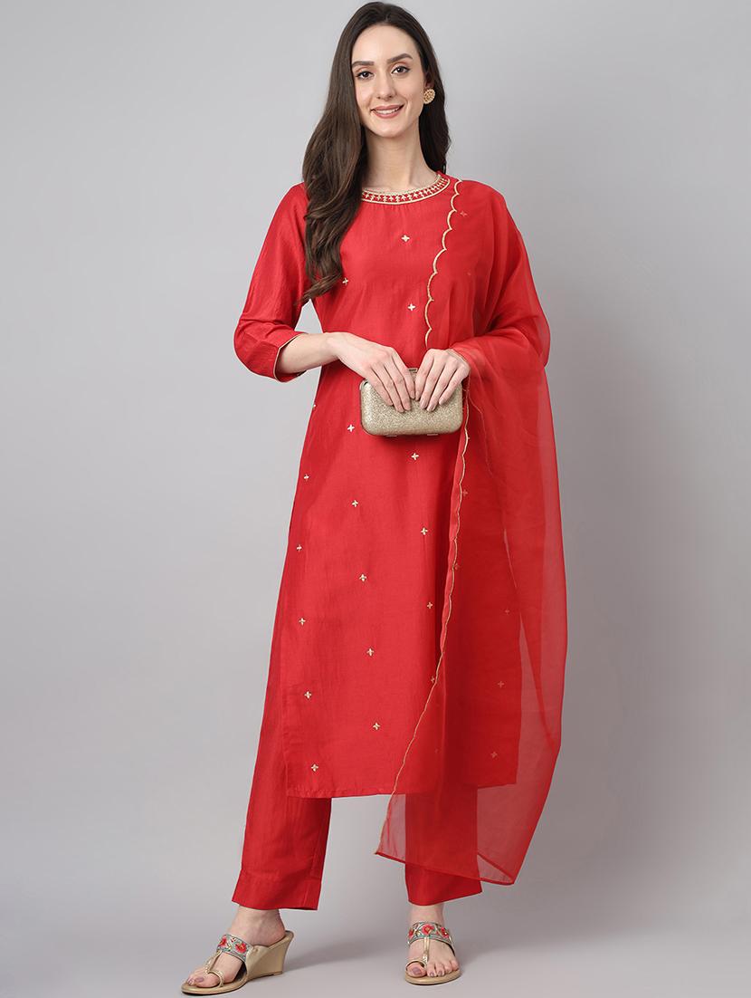 red solid kurta pant set with dupatta - 19999434 - Standard Image - 2