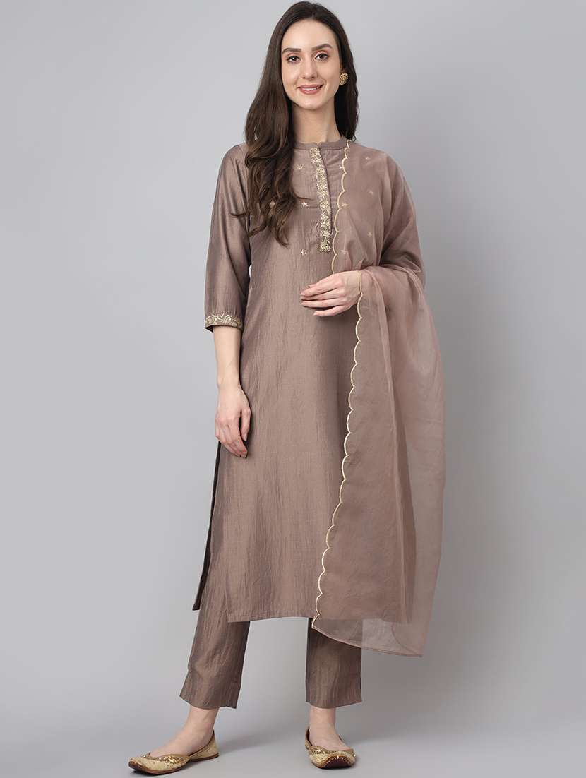 brown solid kurta pant set with dupatta