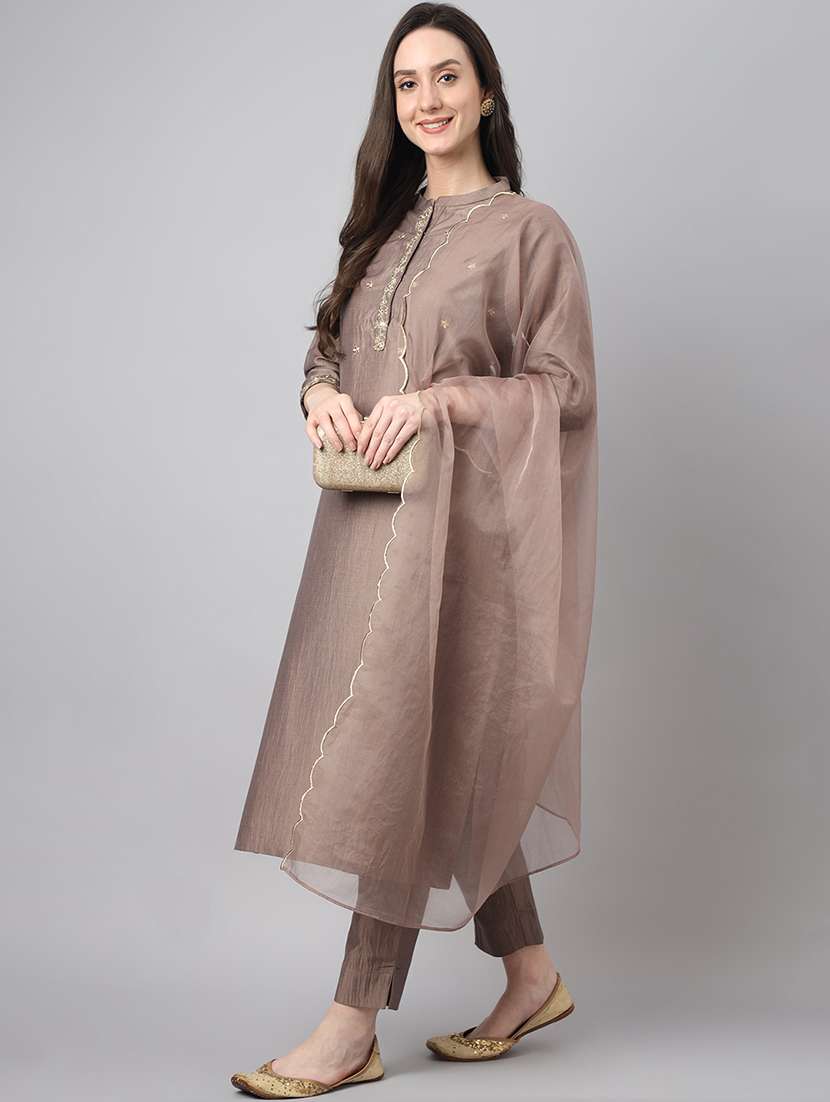 brown solid kurta pant set with dupatta - 19999435 -  Standard Image - 2