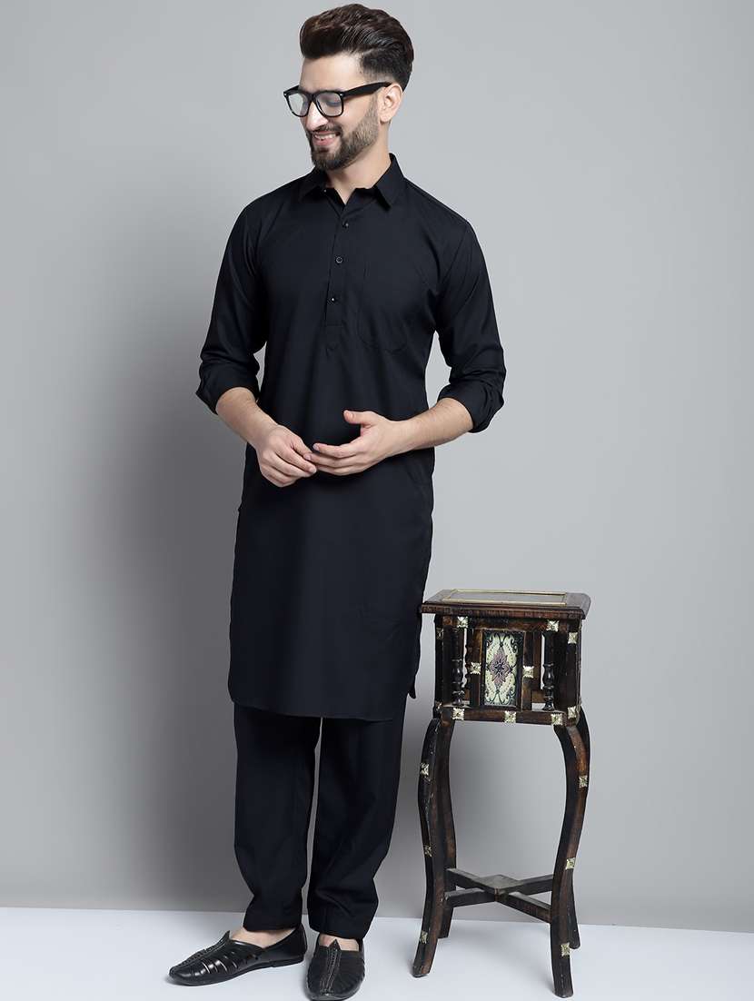 black cotton blend kurta pyjama ethnic wear set