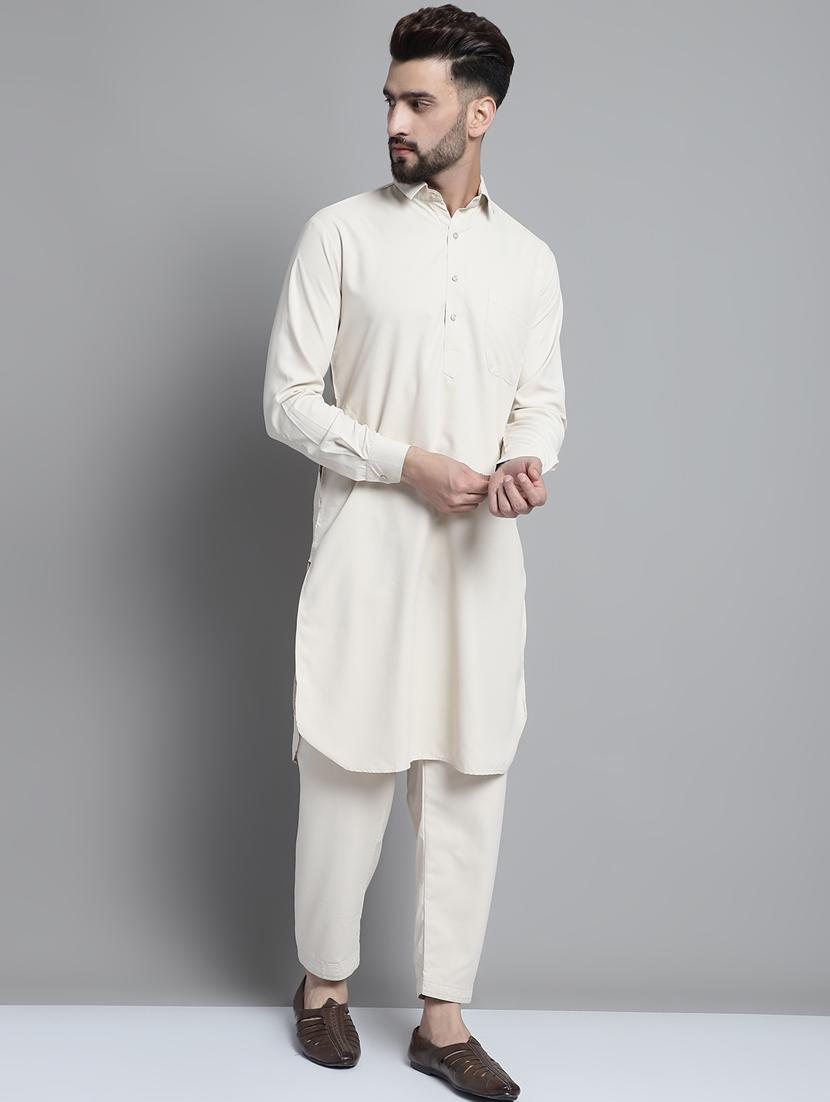 cream cotton blend kurta pyjama ethnic wear set - 20002365 - Standard Image - 2