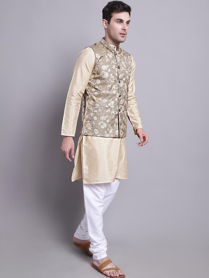 beige silk blend kurta pyjama with jacket ethnic wear set - 20002384 - Standard Image - 2